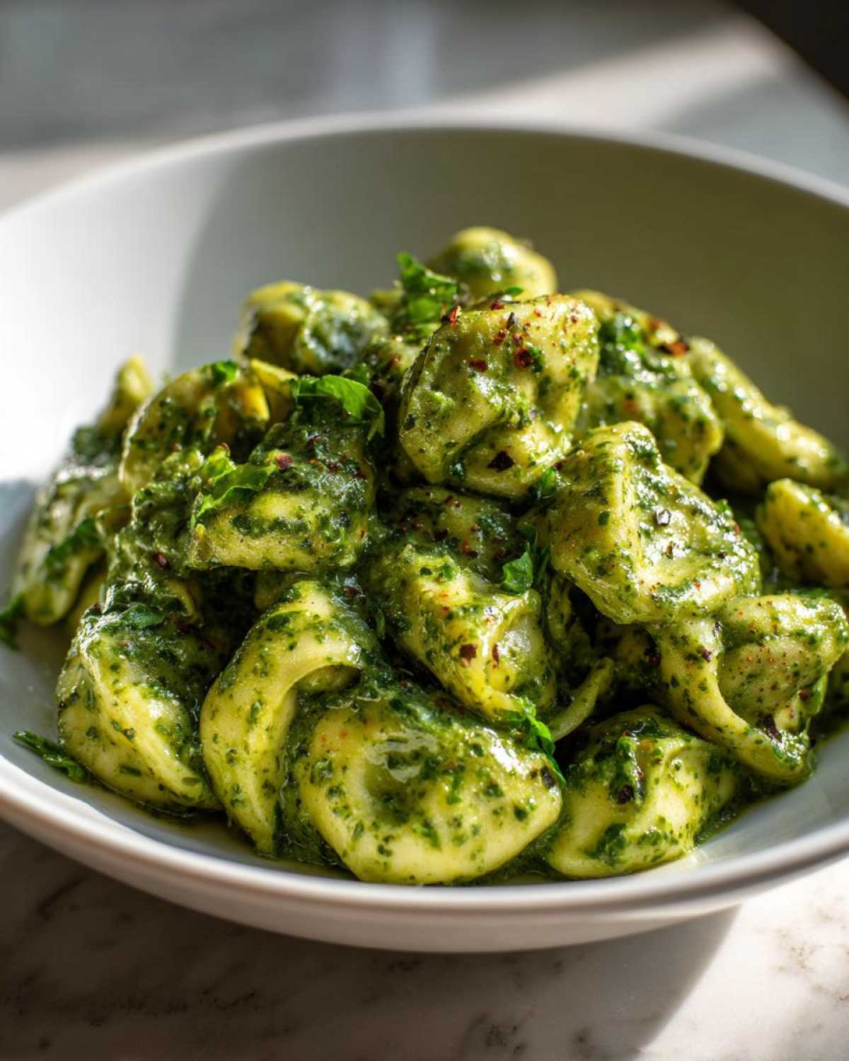 A close-up shot of tender tortellini coated in vibrant green sauce, ready to eat, featuring Easy One-Pot Creamy Pesto Tortellini.