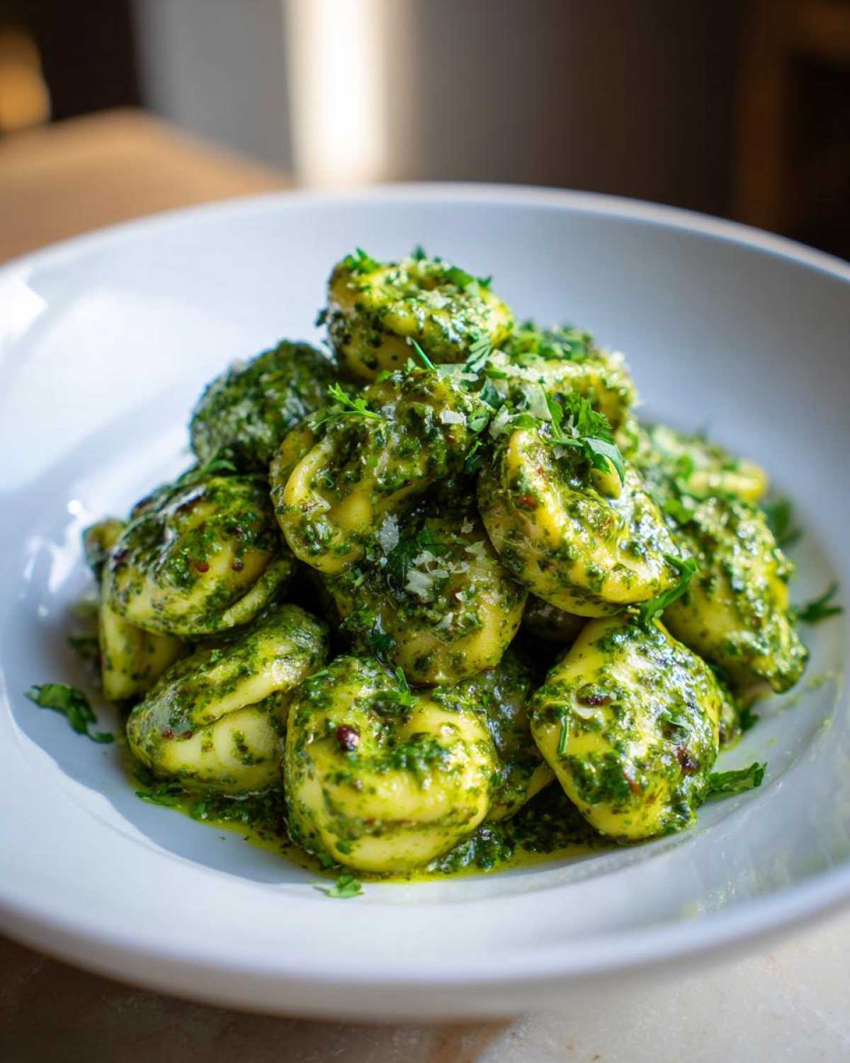 A close-up of a white bowl filled with Easy One-Pot Creamy Pesto Tortellini, coated in vibrant green pesto sauce and topped with Parmesan.