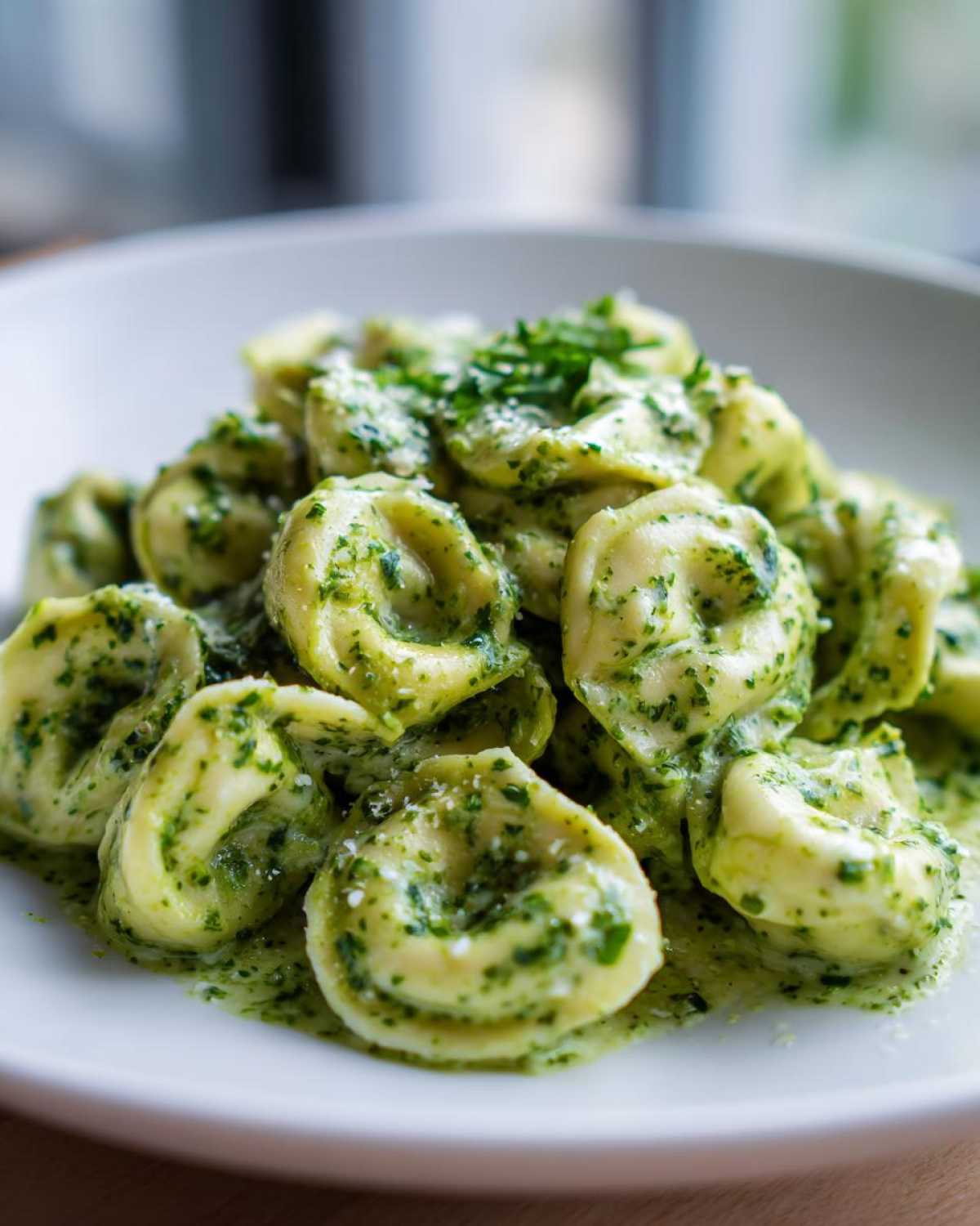Close-up of a white bowl filled with Easy One-Pot Creamy Pesto Tortellini, coated in vibrant green pesto sauce.