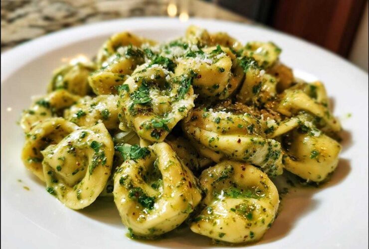Close-up of Easy One-Pot Creamy Pesto Tortellini tossed in vibrant green pesto sauce and topped with grated cheese.