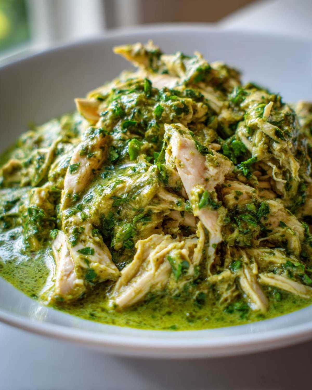 Shredded chicken coated in a vibrant green, creamy salsa verde sauce, served in a white bowl.