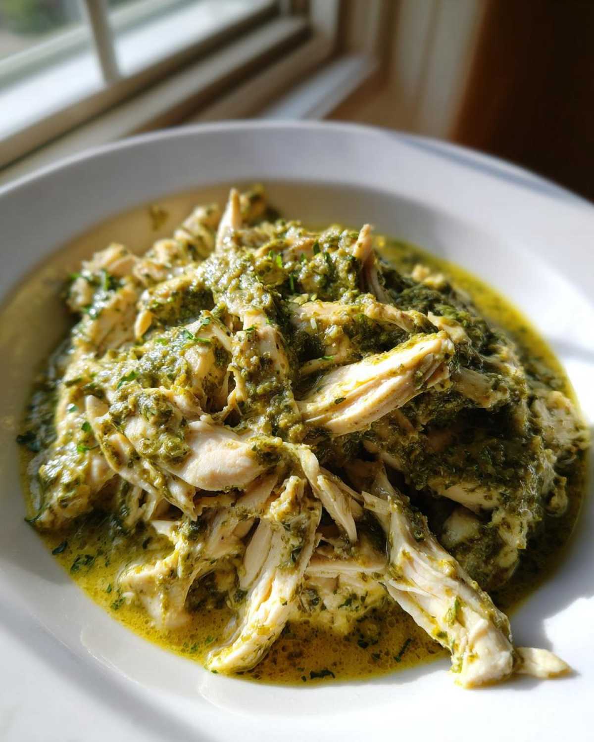 Close-up of shredded chicken coated in a vibrant green, creamy salsa verde sauce, served in a white bowl.