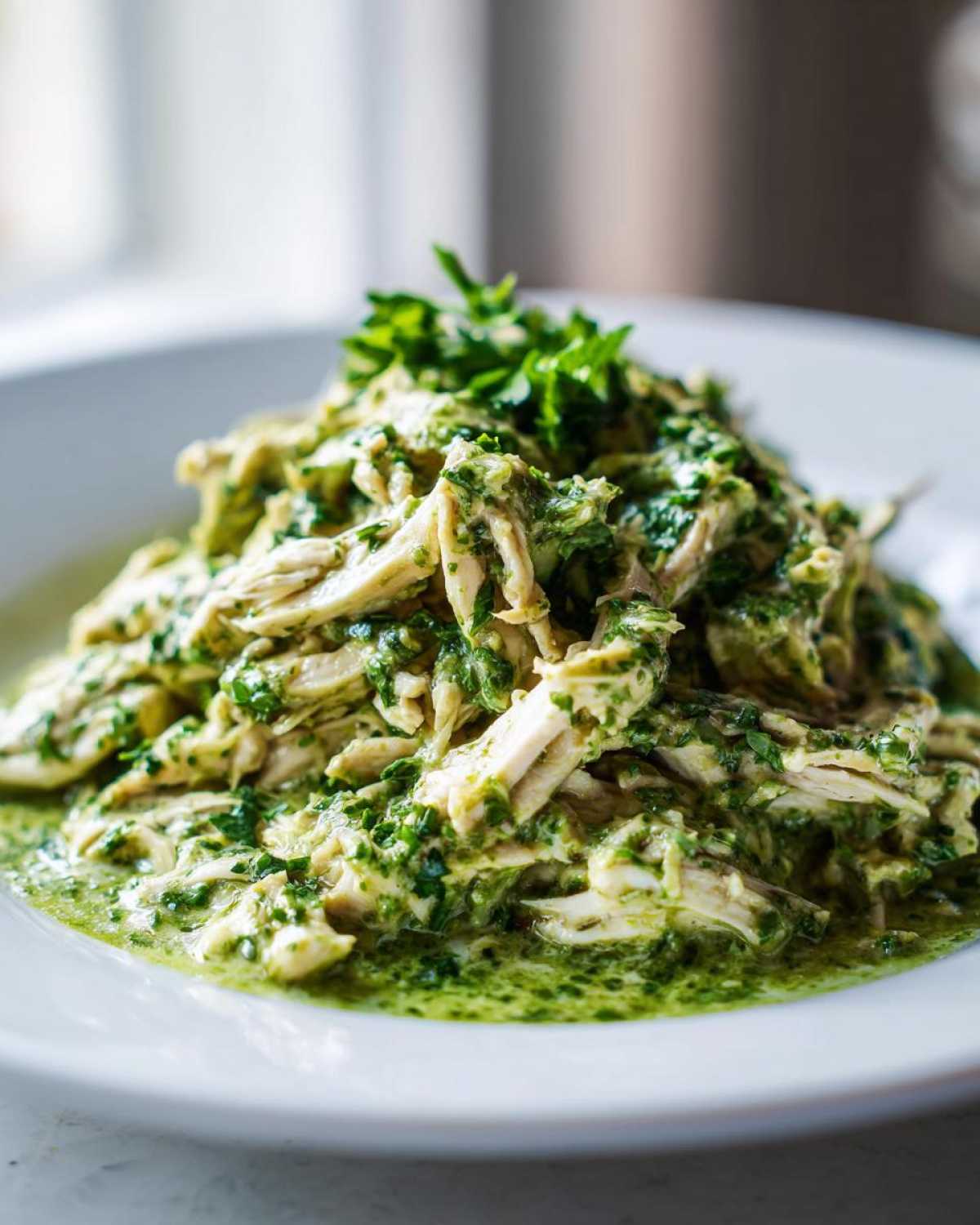 Close-up of shredded chicken coated in a vibrant green, creamy salsa verde sauce, topped with fresh parsley.