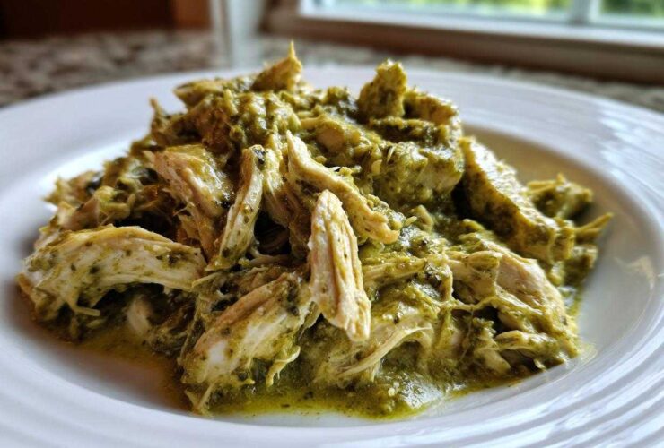 Close-up of shredded chicken coated in a rich, creamy salsa verde sauce served on a white plate.