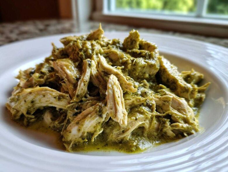 Close-up of shredded chicken coated in a rich, creamy salsa verde sauce served on a white plate.