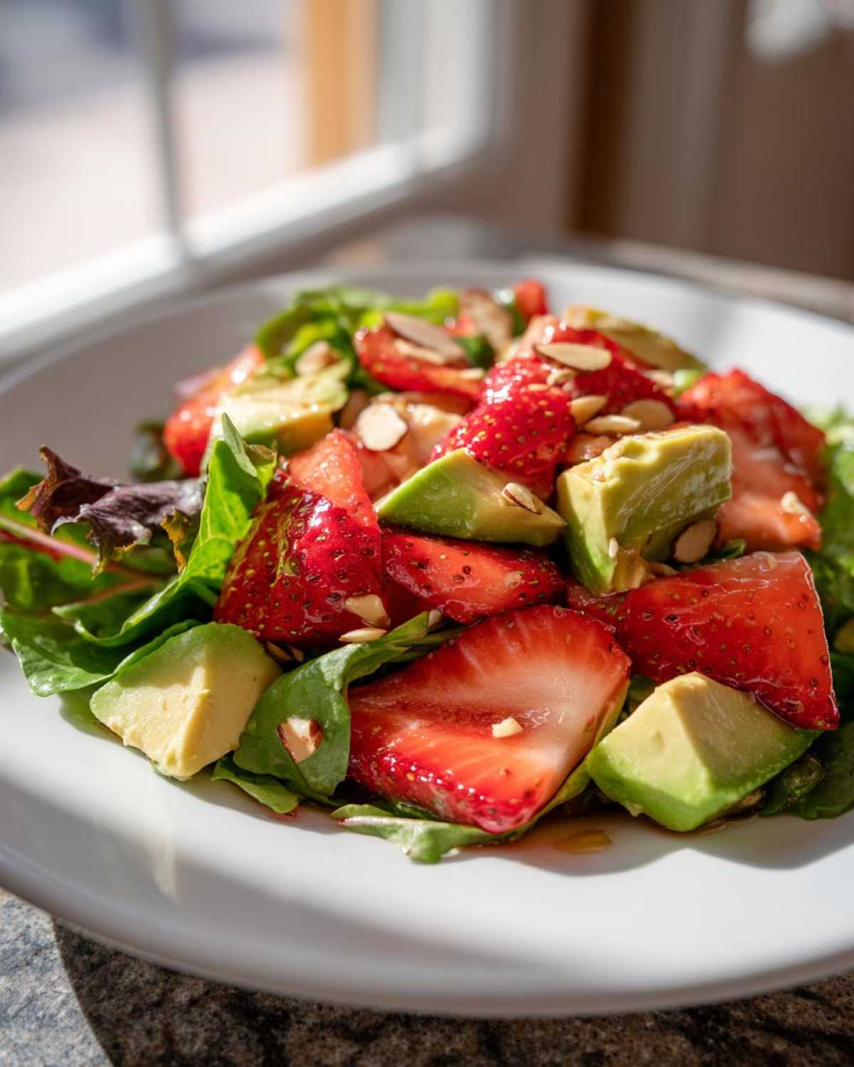 Close-up of a vibrant Easy Strawberry Avocado Salad featuring sliced strawberries, avocado chunks, and slivered almonds on mixed greens.