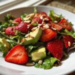 A vibrant bowl of Easy Strawberry Avocado Salad featuring sliced strawberries, avocado chunks, mixed greens, and slivered almonds.