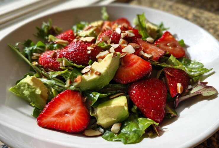 A vibrant bowl of Easy Strawberry Avocado Salad featuring sliced strawberries, avocado chunks, mixed greens, and slivered almonds.