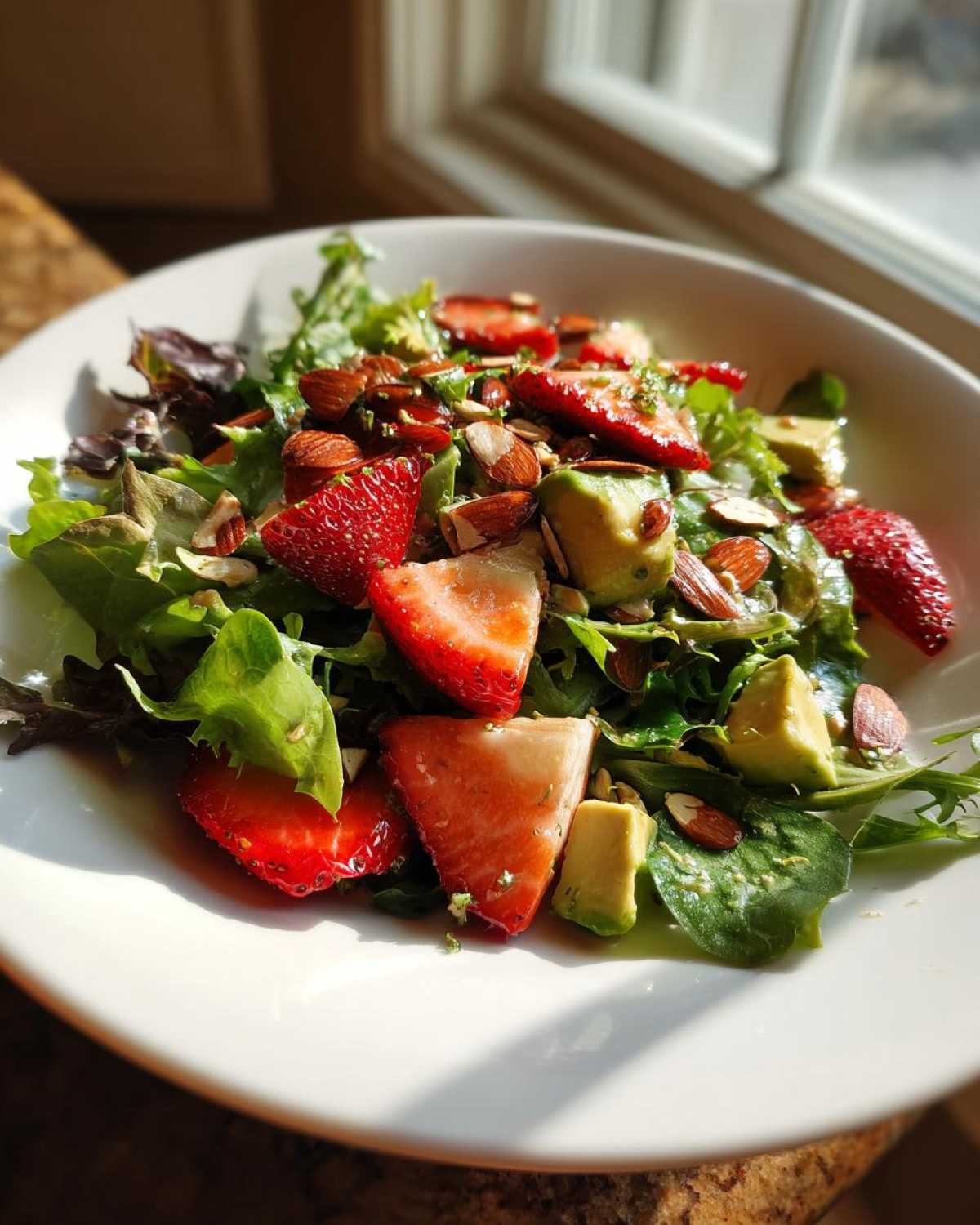 A vibrant bowl of Easy Strawberry Avocado Salad featuring mixed greens, sliced strawberries, avocado chunks, and slivered almonds.