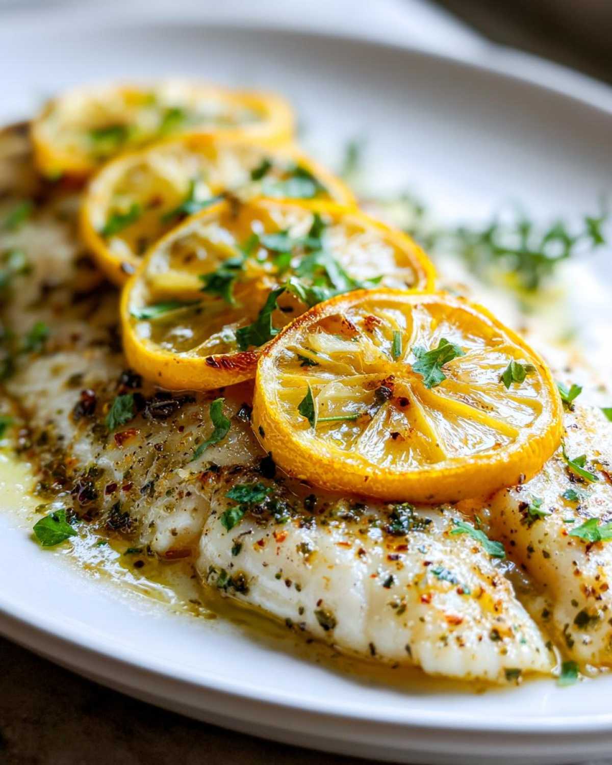 Close-up of flaky Baked Tilapia fillets topped with roasted lemon slices and fresh parsley.
