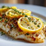 Close-up of a flaky piece of Baked Tilapia topped with lemon slices, fresh thyme, and herbs.