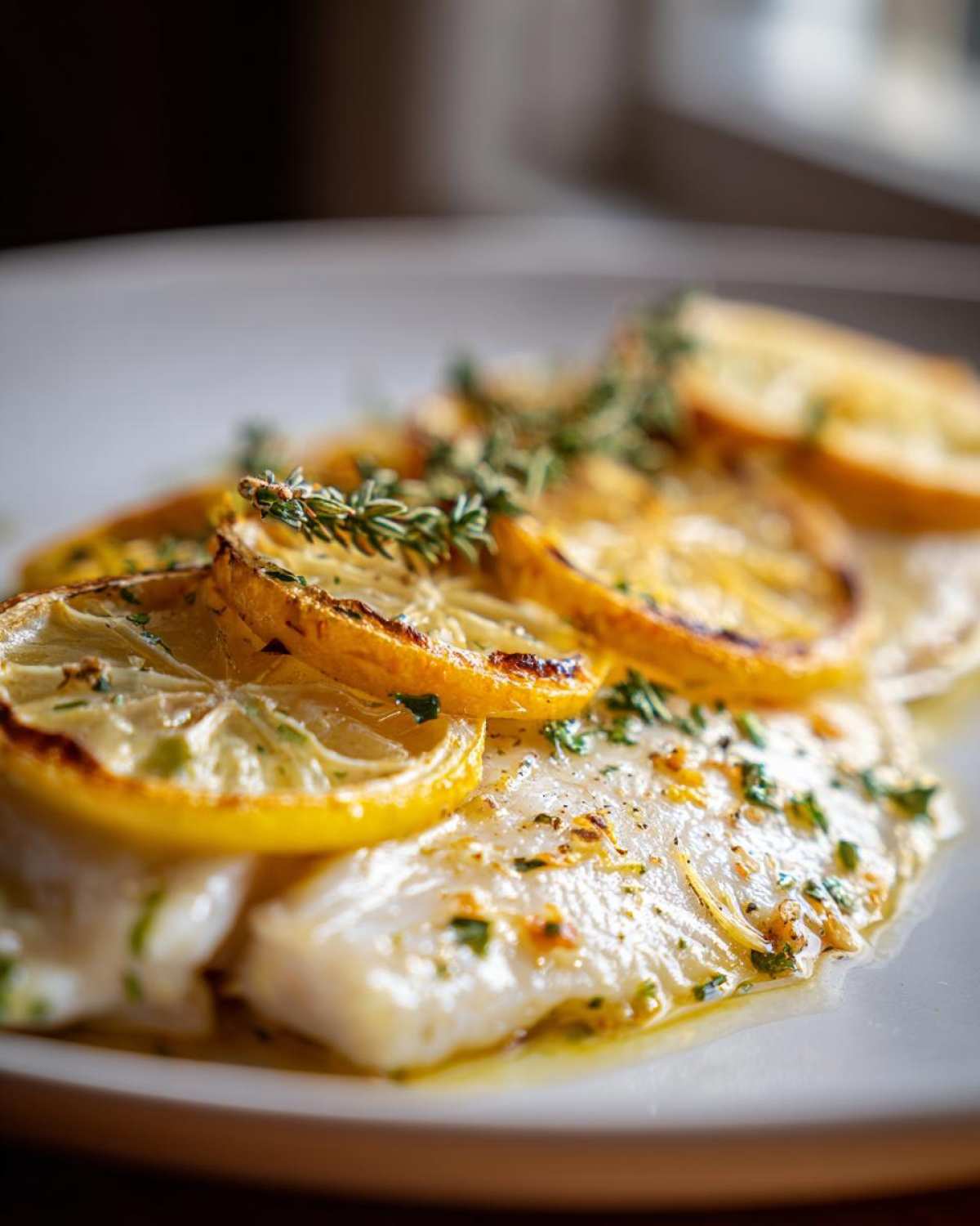 Close-up of a flaky fillet of Baked Tilapia topped with roasted lemon slices and fresh thyme.