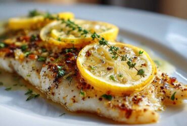 Close-up of a flaky piece of Baked Tilapia topped with lemon slices, fresh thyme, and herbs.