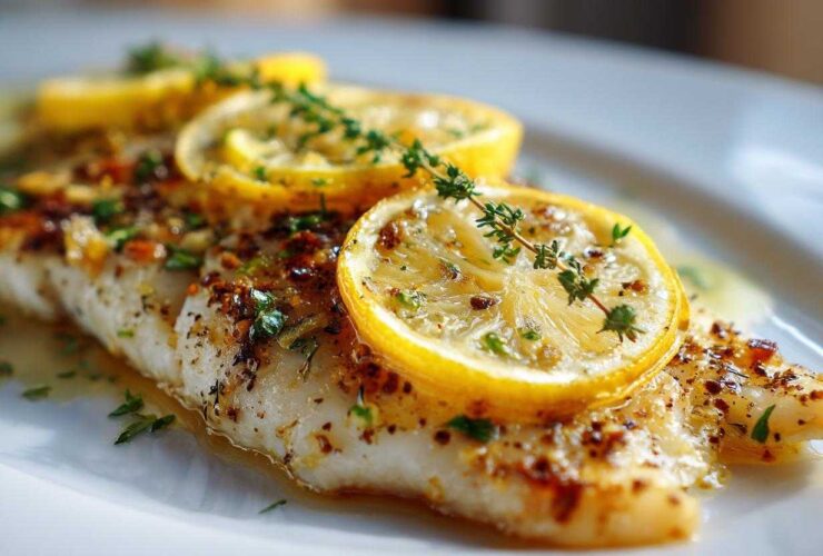 Close-up of a flaky piece of Baked Tilapia topped with lemon slices, fresh thyme, and herbs.