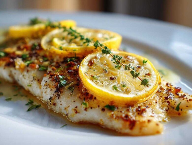 Close-up of a flaky piece of Baked Tilapia topped with lemon slices, fresh thyme, and herbs.