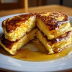 Close-up of fluffy Banana Pancakes stacked and cut open, showing the interior texture soaked in golden syrup.