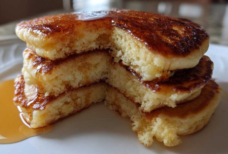 Close-up of a tall stack of fluffy Banana Pancakes cut to show the airy interior, drizzled with golden syrup.
