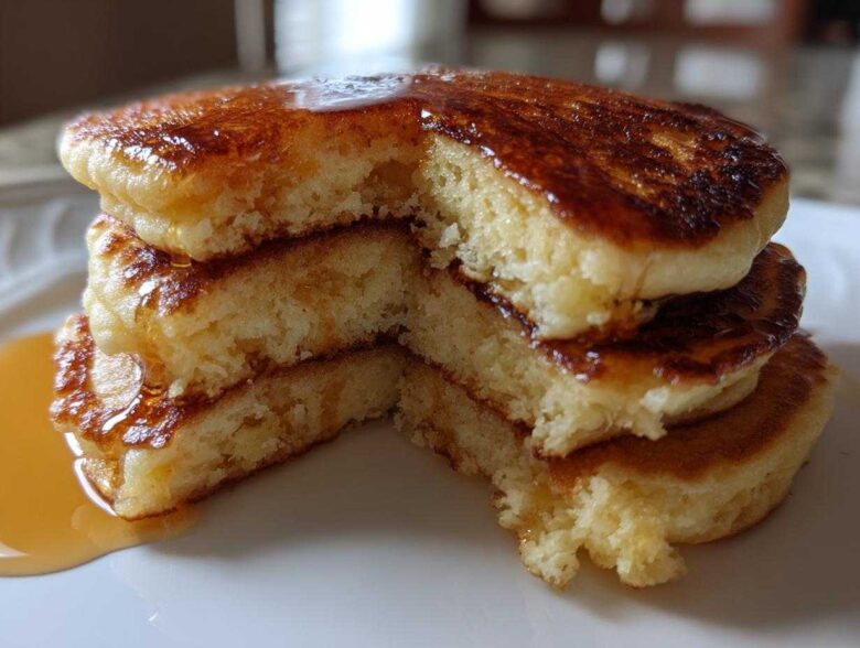 Close-up of a tall stack of fluffy Banana Pancakes cut to show the airy interior, drizzled with golden syrup.