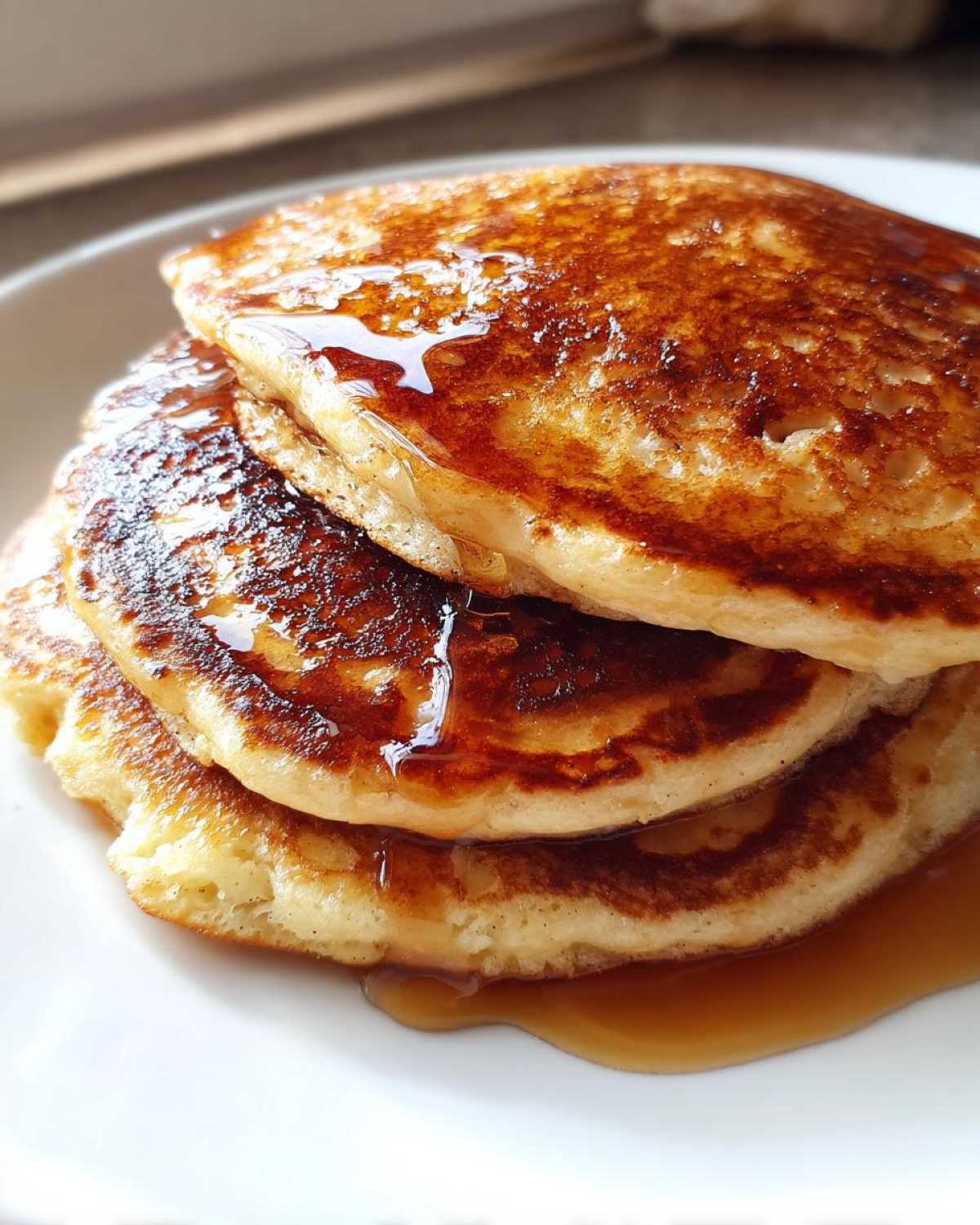 Close-up of a stack of three fluffy Banana Pancakes drizzled generously with golden syrup.