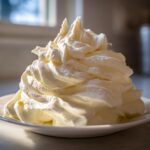 A large, perfectly piped mound of fluffy white Cream Cheese Frosting sitting on a small white plate.