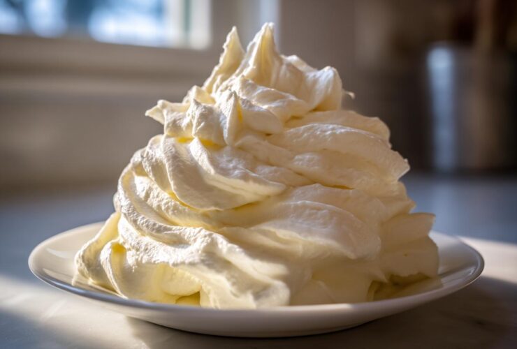 A large, perfectly piped mound of fluffy white Cream Cheese Frosting sitting on a small white plate.