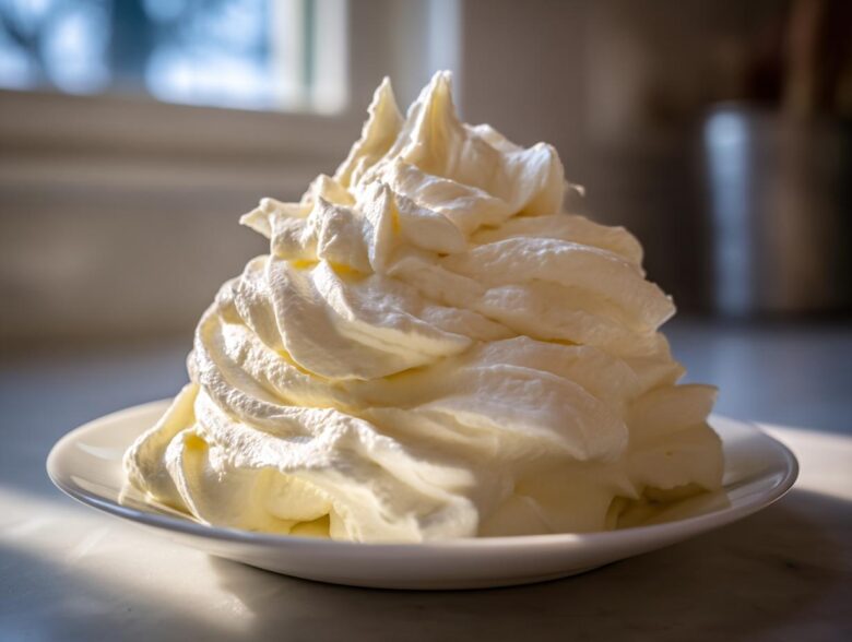A large, perfectly piped mound of fluffy white Cream Cheese Frosting sitting on a small white plate.
