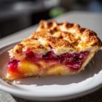 Close-up of a slice of fruit pie showing perfectly set filling consistency with bright red fruit and yellow peaches.