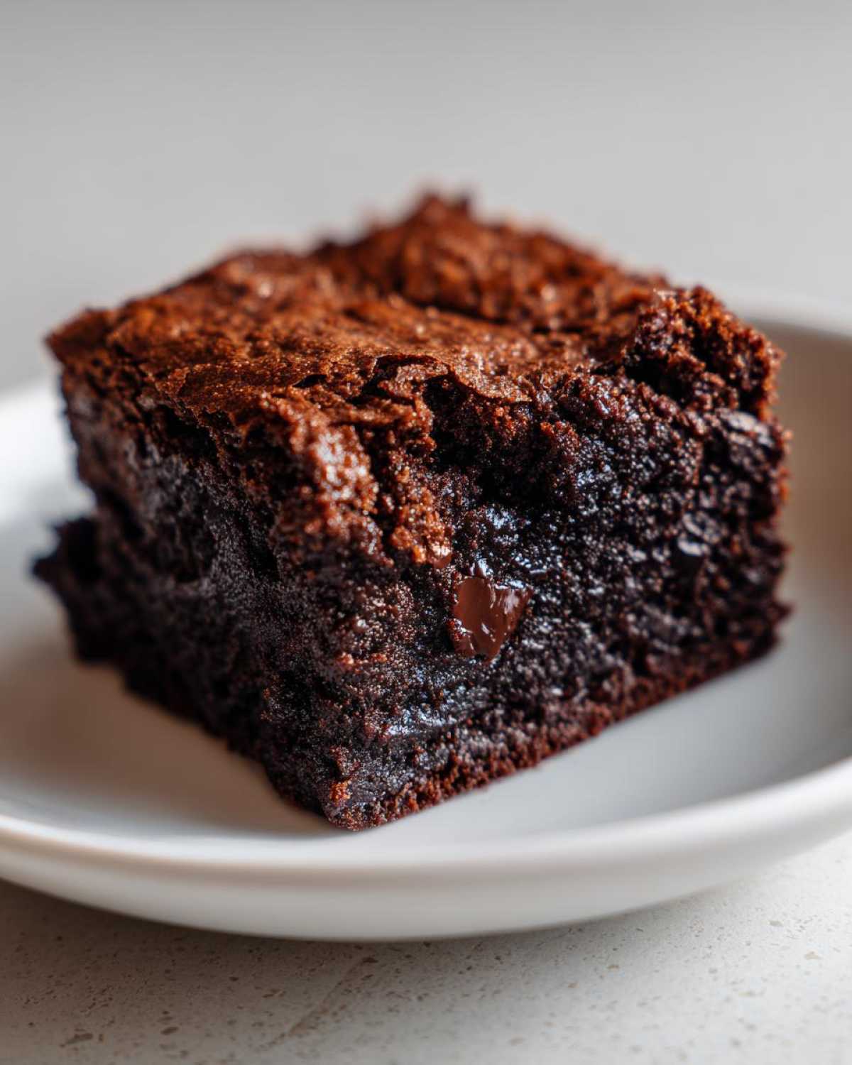 A close-up, decadent square of fudgy brownies showing a shiny, crinkly top and a molten center with a visible chocolate chip.