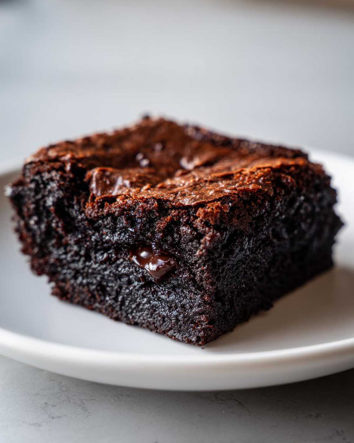 A close-up shot of a single, intensely dark and fudgy brownies square with a shiny, crackled top, resting on a white plate.