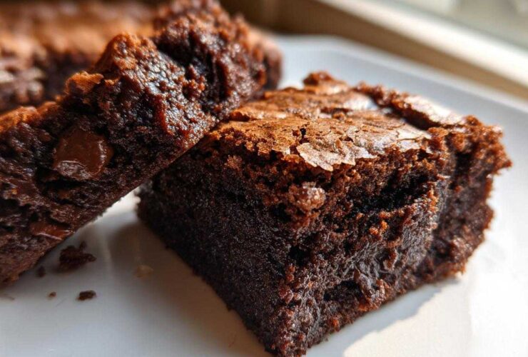 Two rich, fudgy Nutella brownies chocolate squares showing a dense, moist interior and shiny top crust.