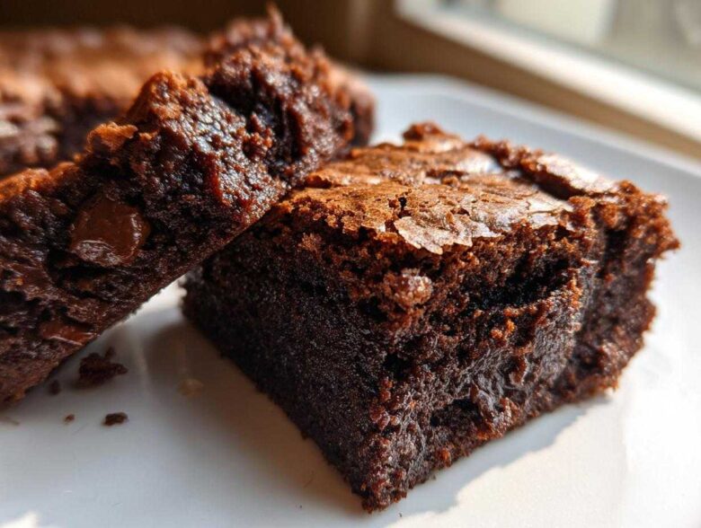 Two rich, fudgy Nutella brownies chocolate squares showing a dense, moist interior and shiny top crust.
