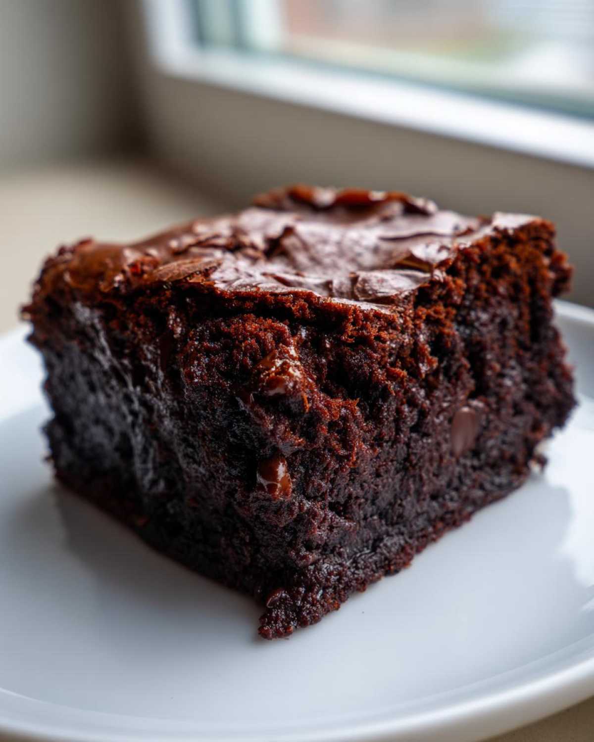 A rich, dark, fudgy Nutella brownies chocolate square sitting on a white plate.