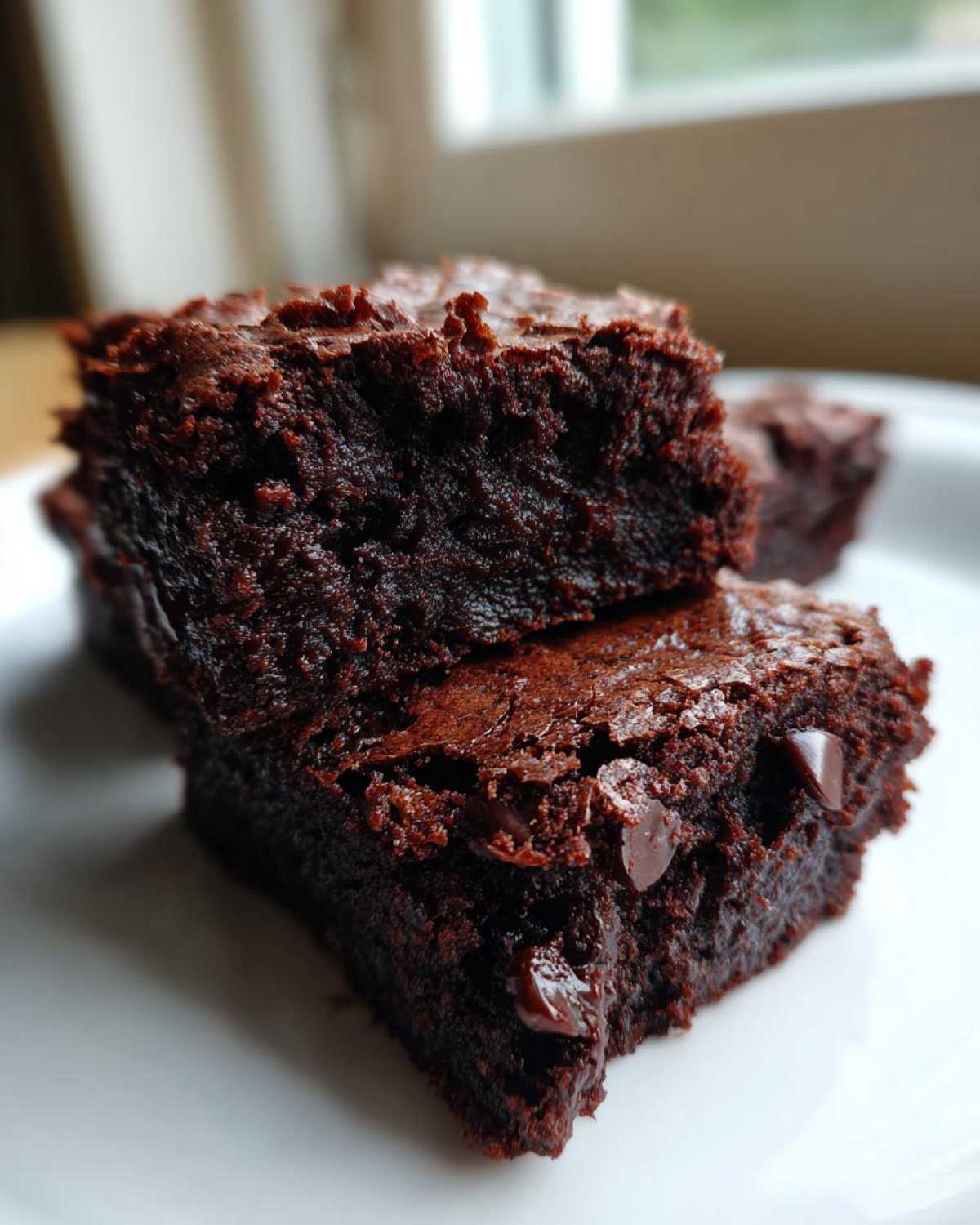 Two stacked, intensely dark, fudgy Nutella brownies chocolate squares showing a moist interior and chocolate chips.