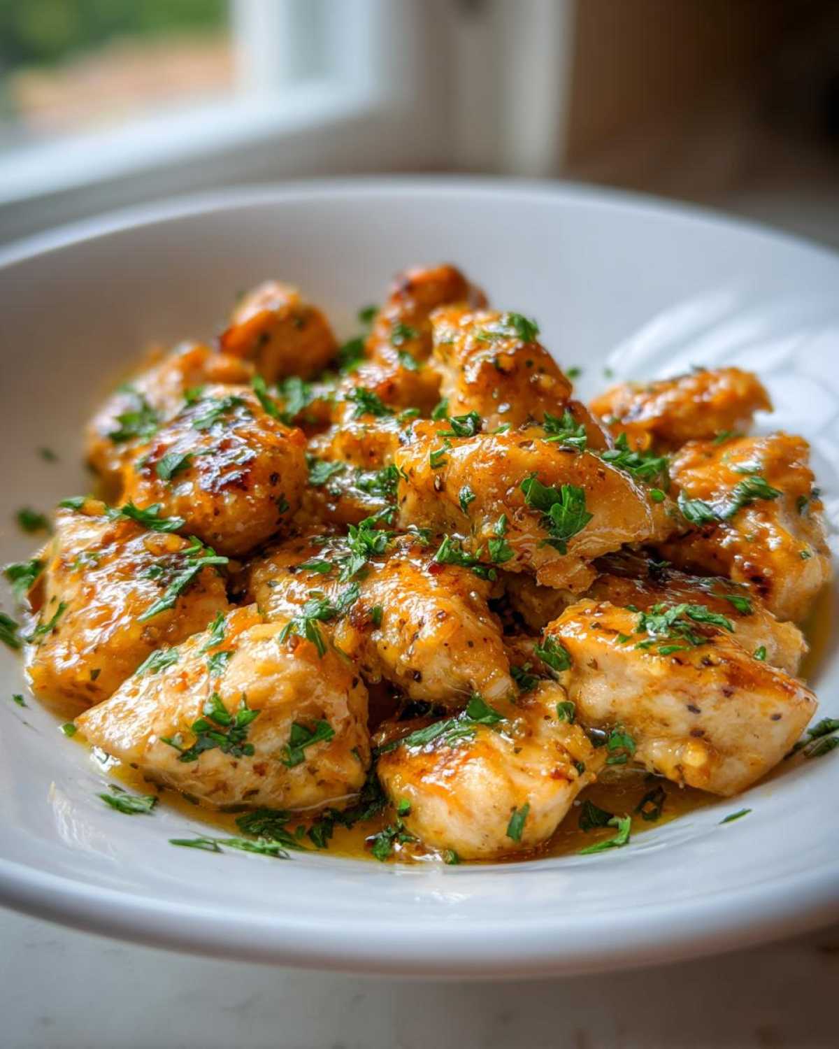 Close-up of tender, golden brown Garlic Butter Chicken Bites coated in a glossy sauce and sprinkled with fresh parsley.