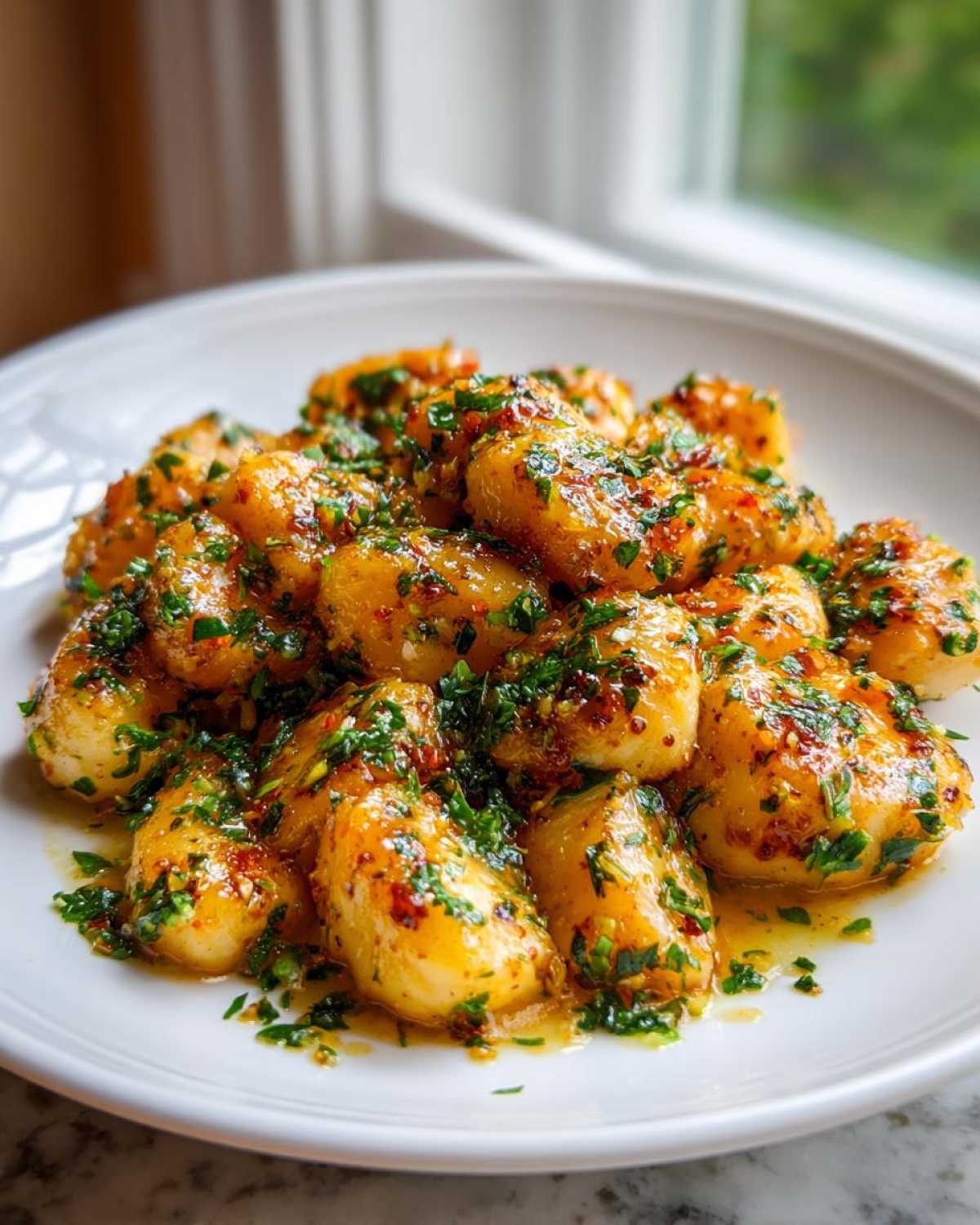 A close-up of golden Garlic Butter Chicken Bites coated in a glistening sauce and fresh parsley.
