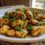 Close-up of tender Garlic Butter Chicken Bites coated in sauce and topped with fresh parsley on a white plate.
