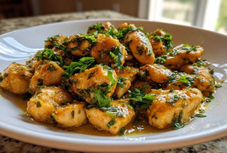 Close-up of tender Garlic Butter Chicken Bites coated in sauce and topped with fresh parsley on a white plate.