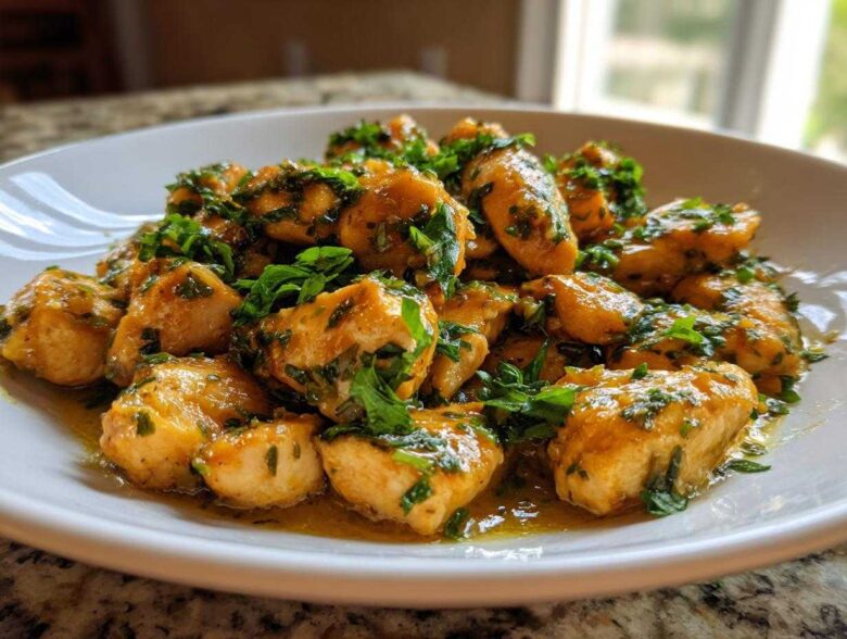 Close-up of tender Garlic Butter Chicken Bites coated in sauce and topped with fresh parsley on a white plate.
