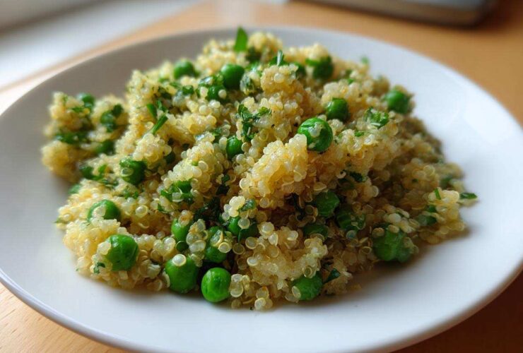 Close-up of fluffy Garlic Butter Quinoa Green Peas mixed with bright green peas and herbs on a white plate.