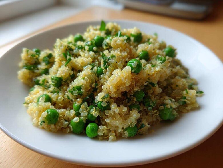 Close-up of fluffy Garlic Butter Quinoa Green Peas mixed with bright green peas and herbs on a white plate.