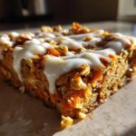 Close-up of a square slice of Gluten-Free Carrot Cake Baked Oats topped with white icing drizzle.