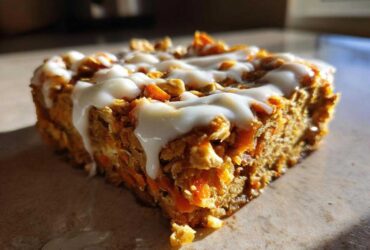 Close-up of a square slice of Gluten-Free Carrot Cake Baked Oats topped with white icing drizzle.