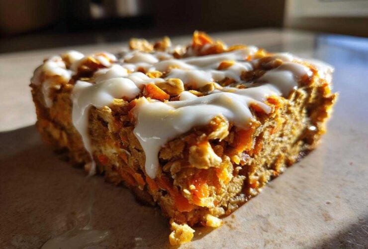 Close-up of a square slice of Gluten-Free Carrot Cake Baked Oats topped with white icing drizzle.