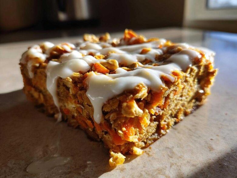 Close-up of a square slice of Gluten-Free Carrot Cake Baked Oats topped with white icing drizzle.