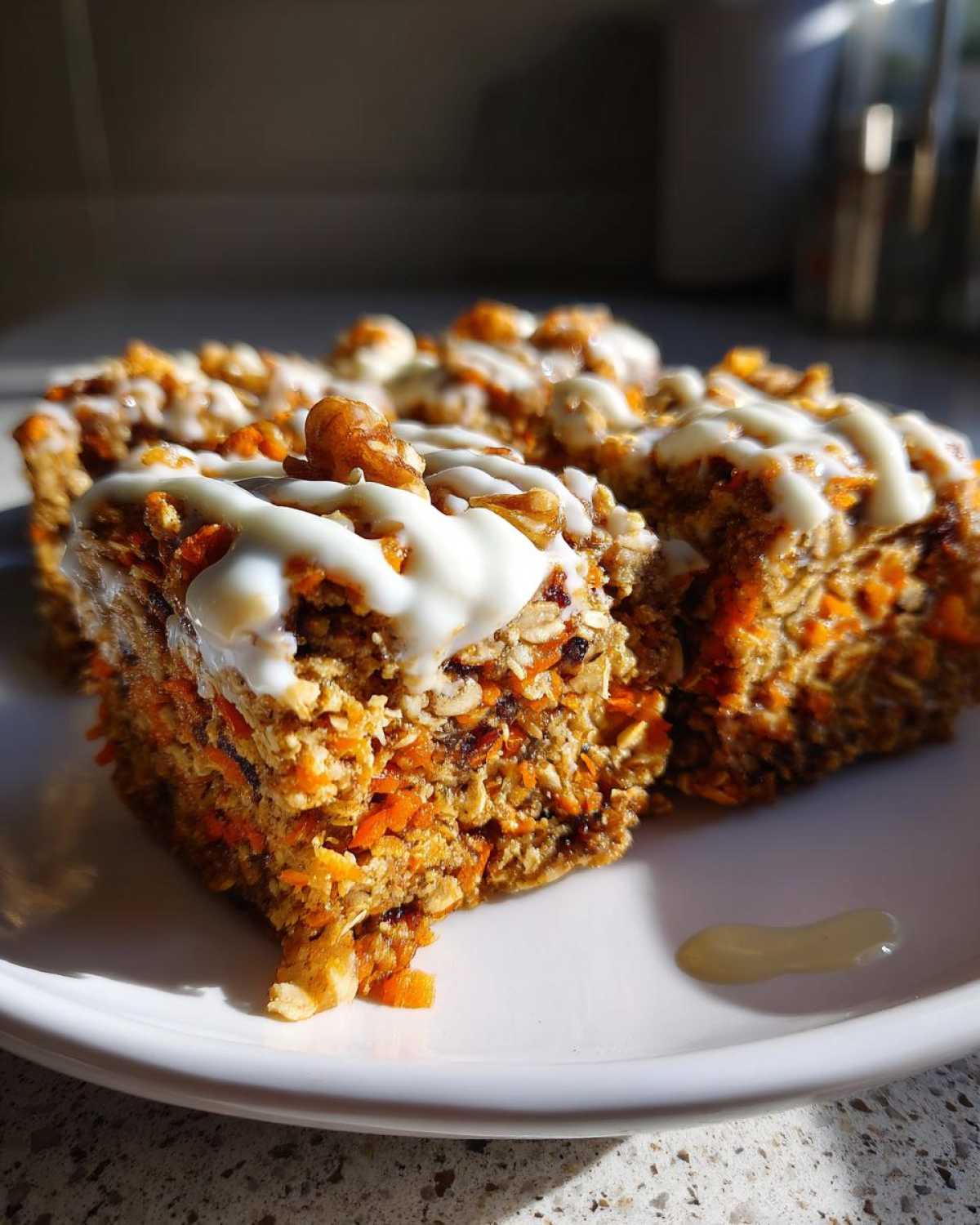 Close-up of Gluten-Free Carrot Cake Baked Oats squares topped with white icing and walnuts.