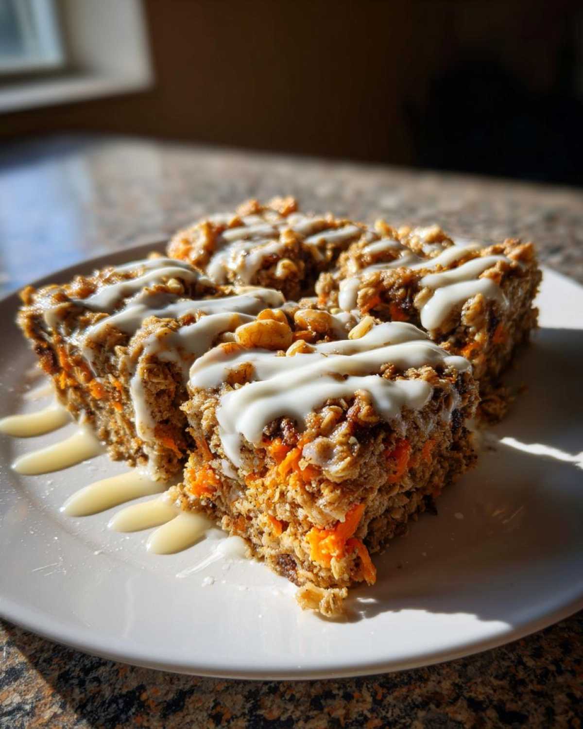 Four squares of Gluten-Free Carrot Cake Baked Oats drizzled with white icing and topped with nuts on a white plate.