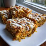 Close-up of several squares of Gluten-Free Carrot Cake Baked Oats topped with white icing drizzle.