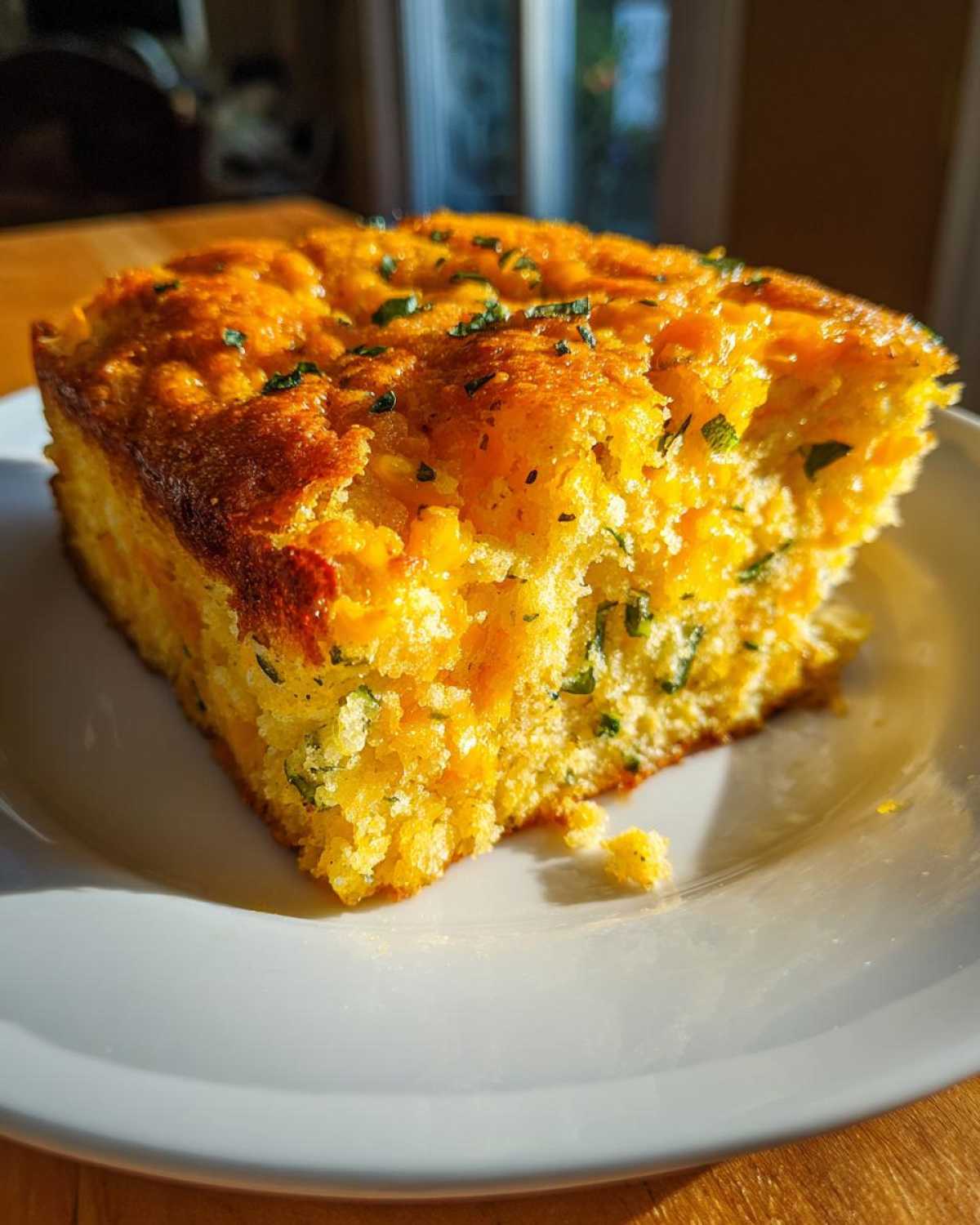 A golden slice of Gluten-Free Cheddar Jalapeno Cornbread topped with green herbs on a white plate.