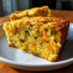 Close-up of a moist slice of Gluten-Free Cheddar Jalapeno Cornbread showing melted cheese and green jalapeno pieces.