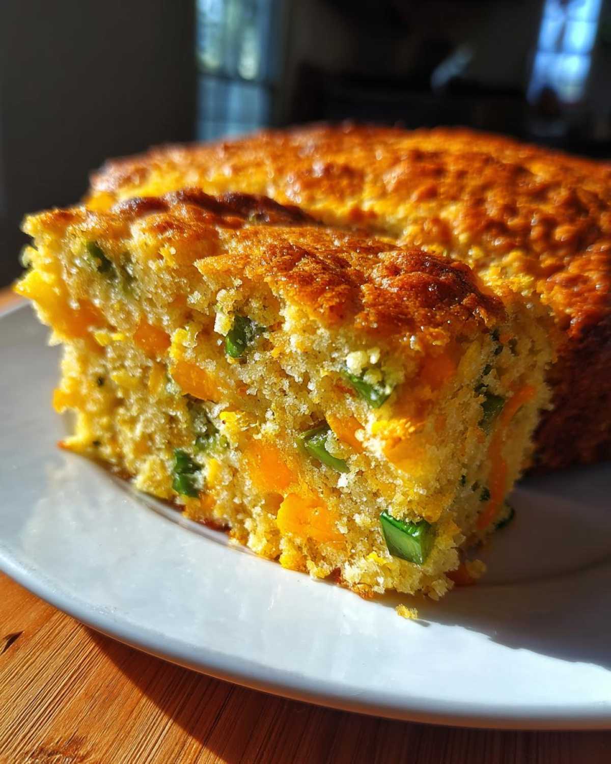 A close-up slice of moist Gluten-Free Cheddar Jalapeno Cornbread showing chunks of cheddar and green jalapenos.